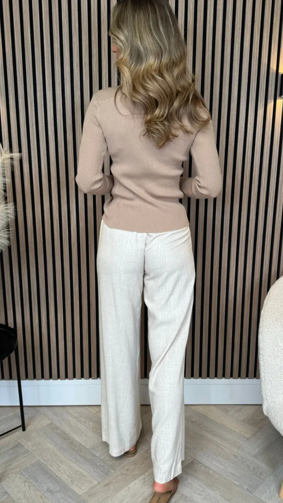 LUCCE Trousers^Gianna Beige Linen Effect Wide Leg Trousers