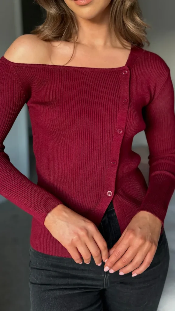 LUCCE Tops^Gillie Burgundy Asymmetrical Button Detail Top