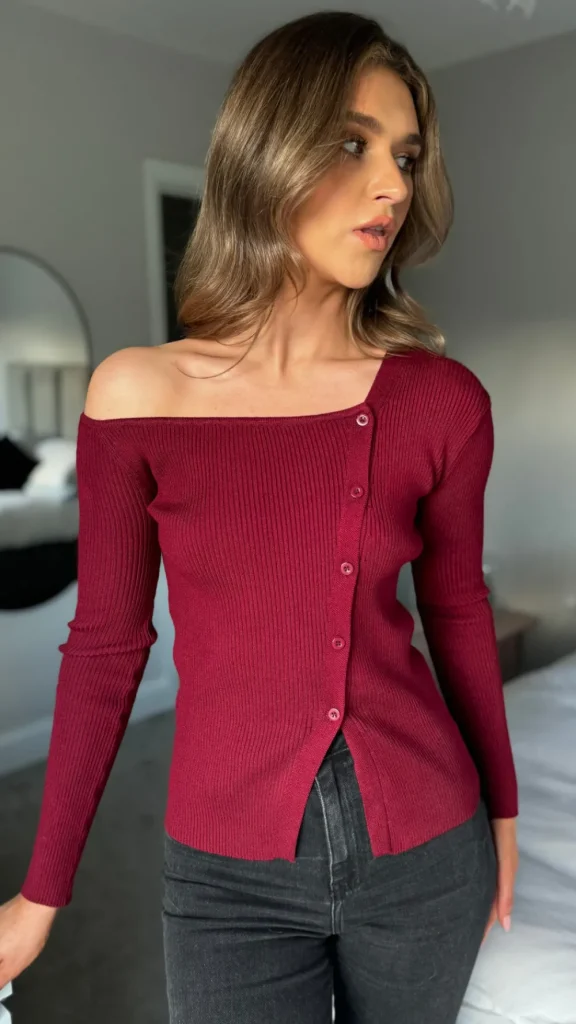 LUCCE Tops^Gillie Burgundy Asymmetrical Button Detail Top