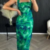 FP & CO Fitted Dresses | Going Out Dresses^Gilly Green & Navy Floral Printed Halter Neck Midi Dress