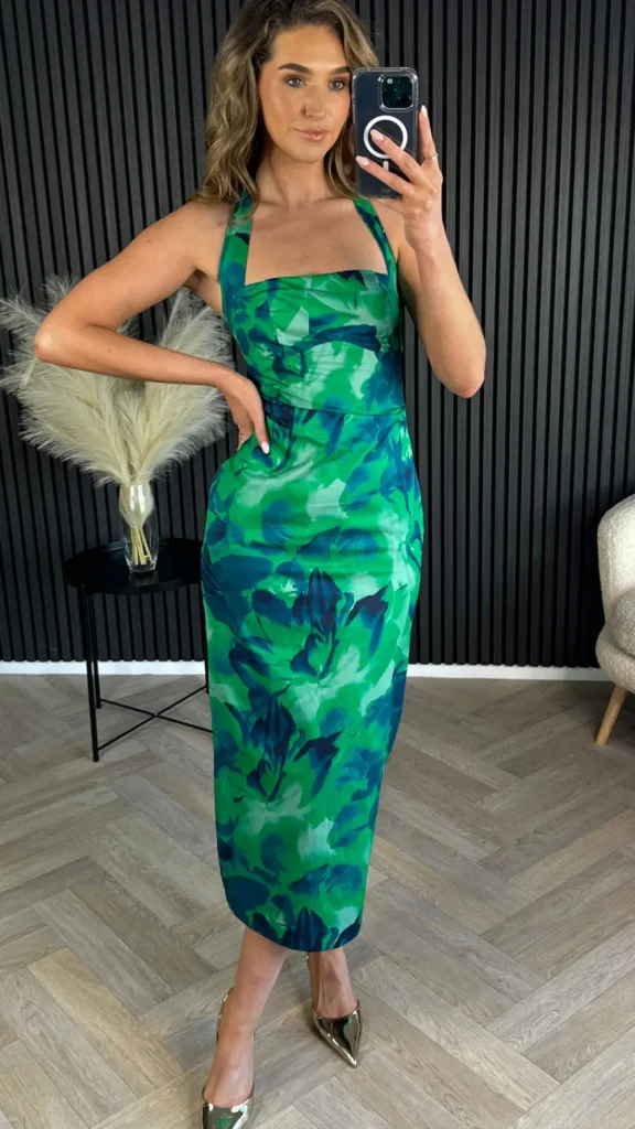 FP & CO Fitted Dresses | Going Out Dresses^Gilly Green & Navy Floral Printed Halter Neck Midi Dress