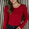 PARIS FASHION SHOPS Tops | Knitwear^Harmony Red Embellished Detail Fine Knit Bodysuit