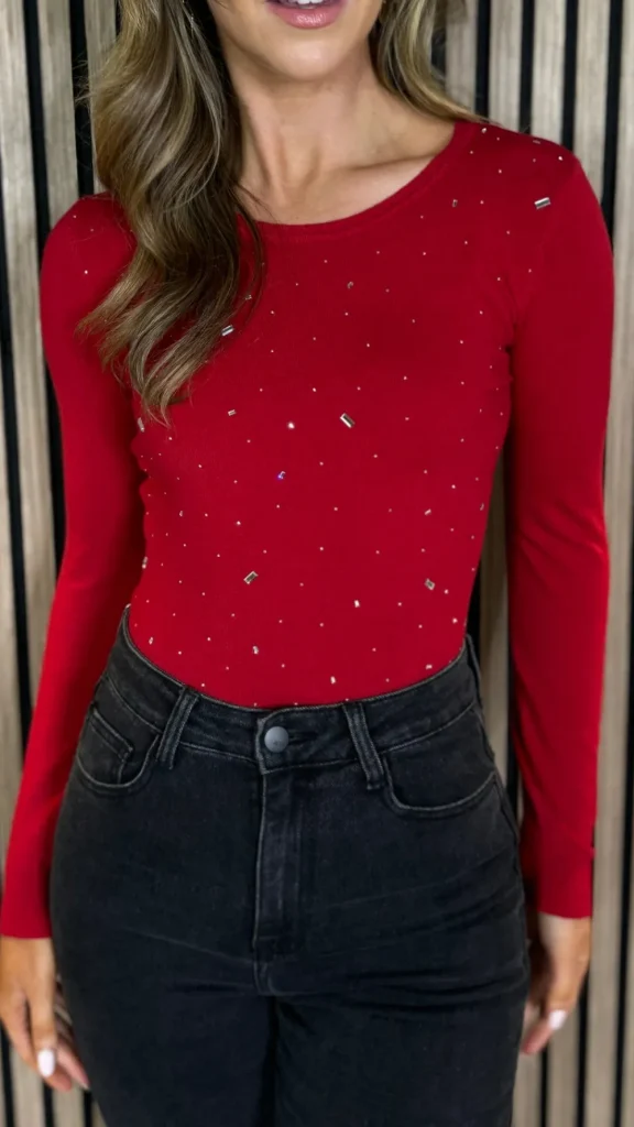 PARIS FASHION SHOPS Tops | Knitwear^Harmony Red Embellished Detail Fine Knit Bodysuit