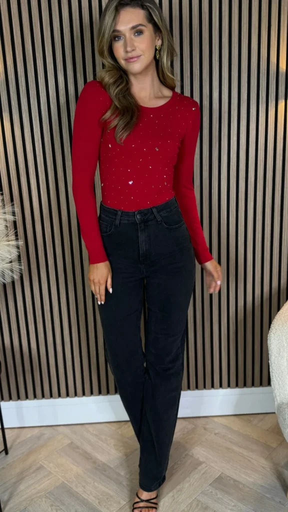 PARIS FASHION SHOPS Tops | Knitwear^Harmony Red Embellished Detail Fine Knit Bodysuit