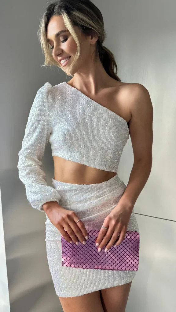 COPPEROSE Fitted Dresses | Going Out Dresses^Harriet White Sequin One Sleeve Cut Out Mini Dress