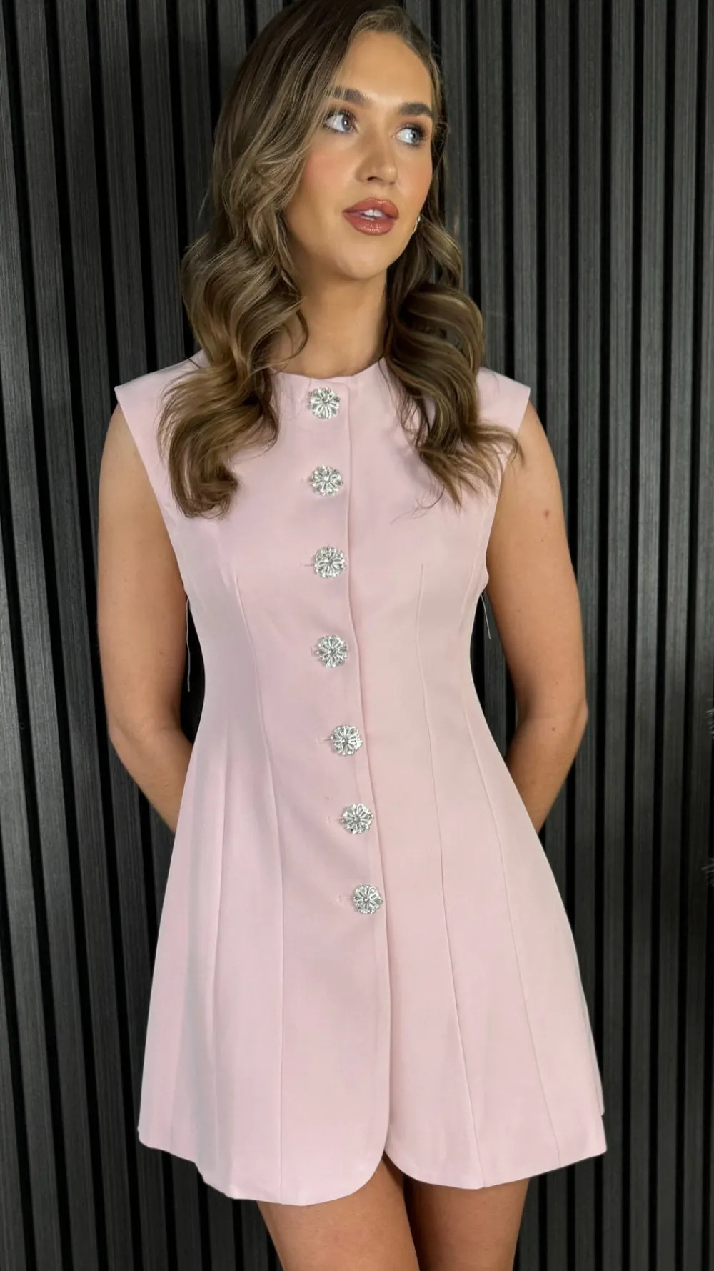 harrison_pink_diamante_bu_1.webp TIMELY Going Out Dresses | Occasion Dresses^Harrison Pink Diamante Button Detail Mini Dress