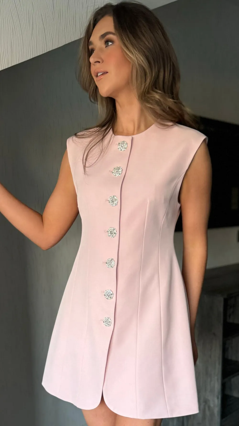 harrison_pink_diamante_bu_4.webp TIMELY Going Out Dresses | Occasion Dresses^Harrison Pink Diamante Button Detail Mini Dress