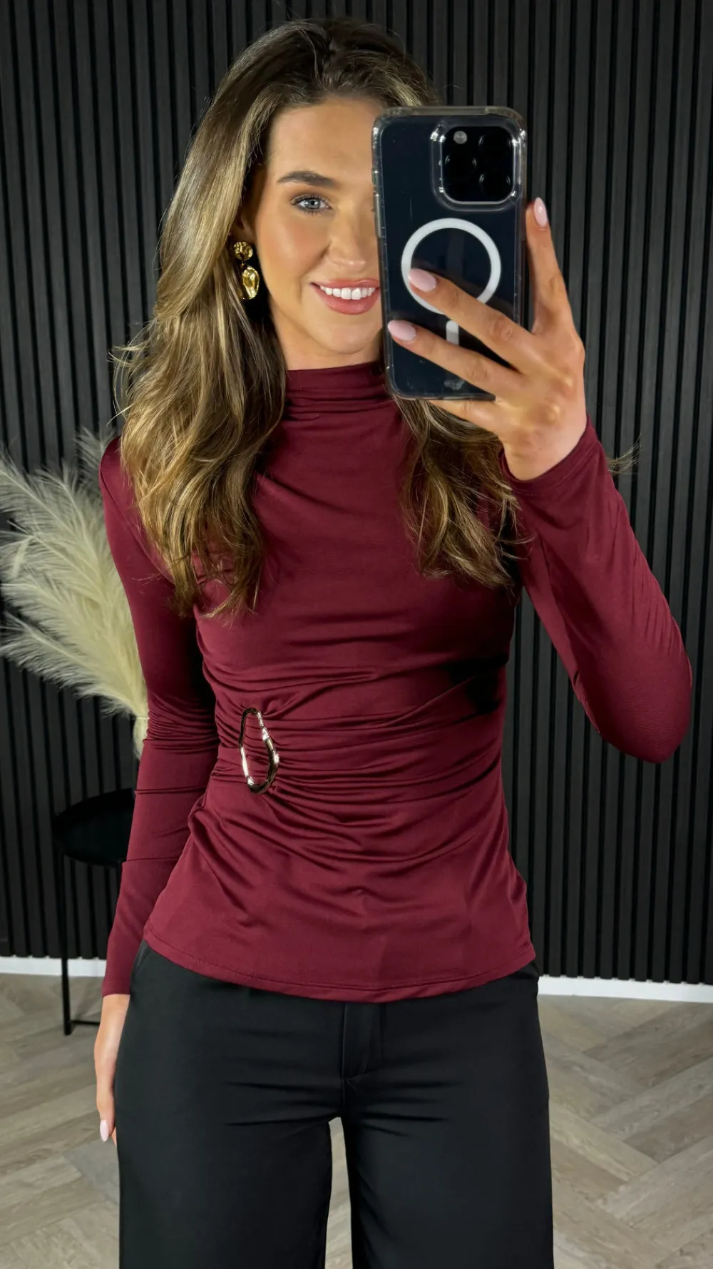 hattie_burgundy_high_neck_2.webp LORIANE Tops^Hattie Burgundy High Neck Ruched Buckle Detail Top