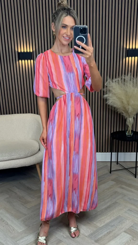 LILY ROSE BY FJ Going Out Dresses | Occasion Dresses^Henrietta Orange & Purple Printed Cut Out Detail Midi Dress