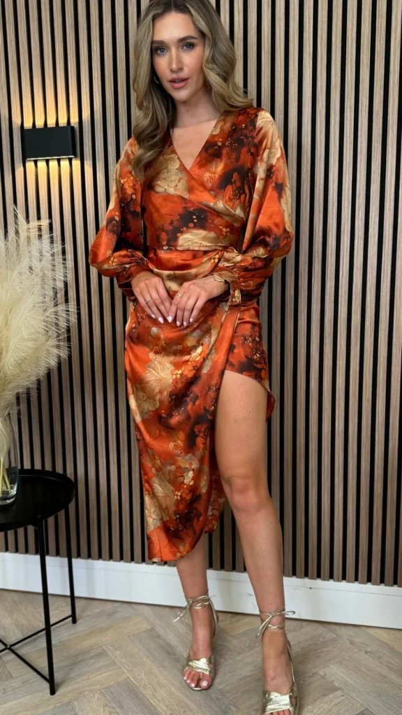GIRL IN MIND Going Out Dresses | Occasion Dresses^Hermione Orange Multi Long Sleeve Wrap Asymmetric Dress