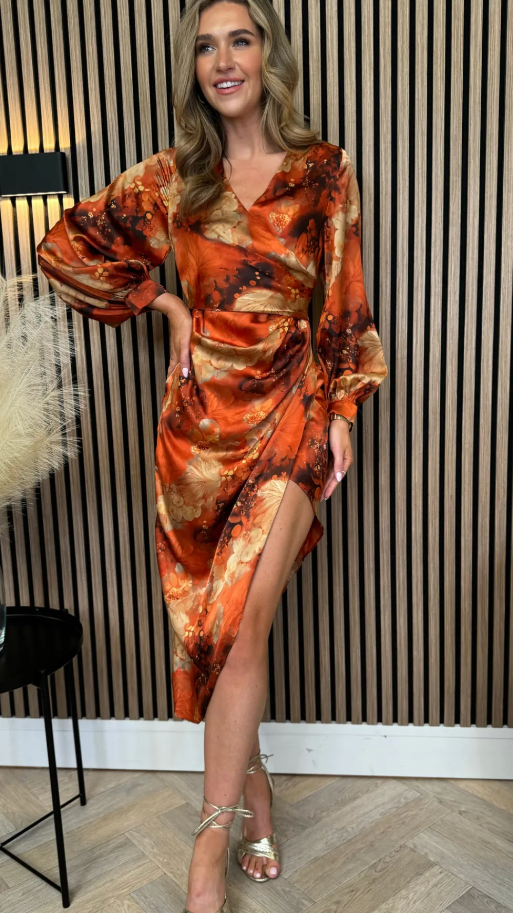 hermione_orange_multi_lon_3.webp GIRL IN MIND Going Out Dresses | Occasion Dresses^Hermione Orange Multi Long Sleeve Wrap Asymmetric Dress