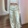 REDIAL Trousers^Huxley Gold Coated Straight Leg Trousers