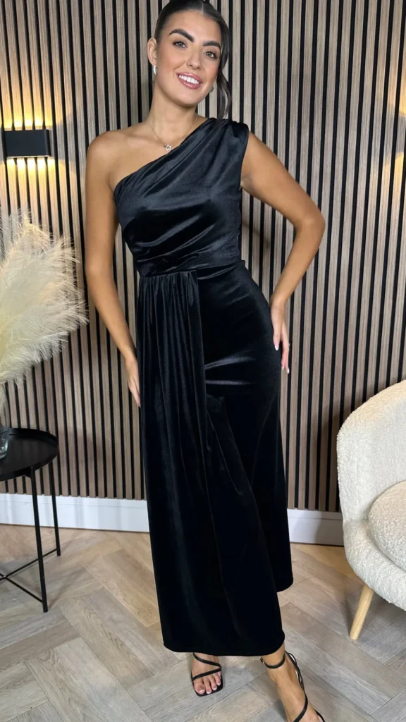 LORIANE Fitted Dresses | Going Out Dresses^Isabella Black One Shoulder Velvet Finish Midi Dress