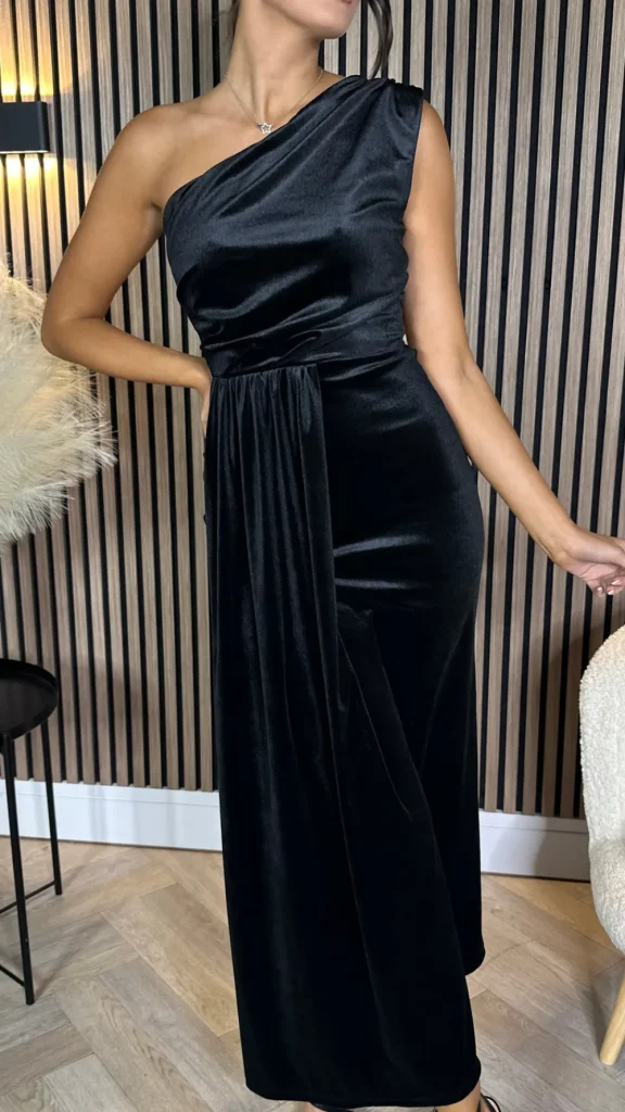 LORIANE Fitted Dresses | Going Out Dresses^Isabella Black One Shoulder Velvet Finish Midi Dress