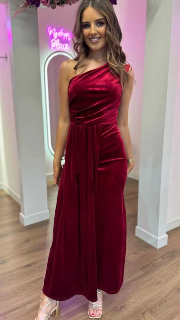 LORIANE Going Out Dresses | Occasion Dresses^Isabella Dark Red One Shoulder Velvet Finish Midi Dress