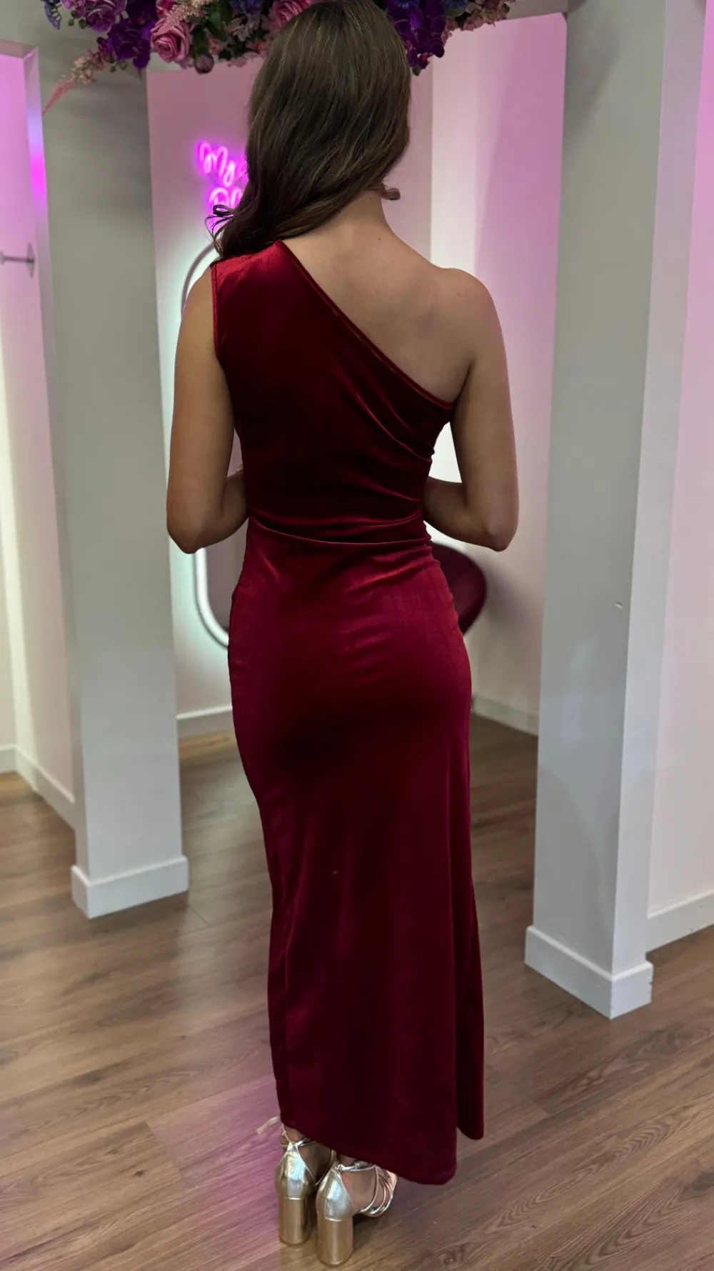 isabella_dark_red_one_sho_13.webp LORIANE Going Out Dresses | Occasion Dresses^Isabella Dark Red One Shoulder Velvet Finish Midi Dress