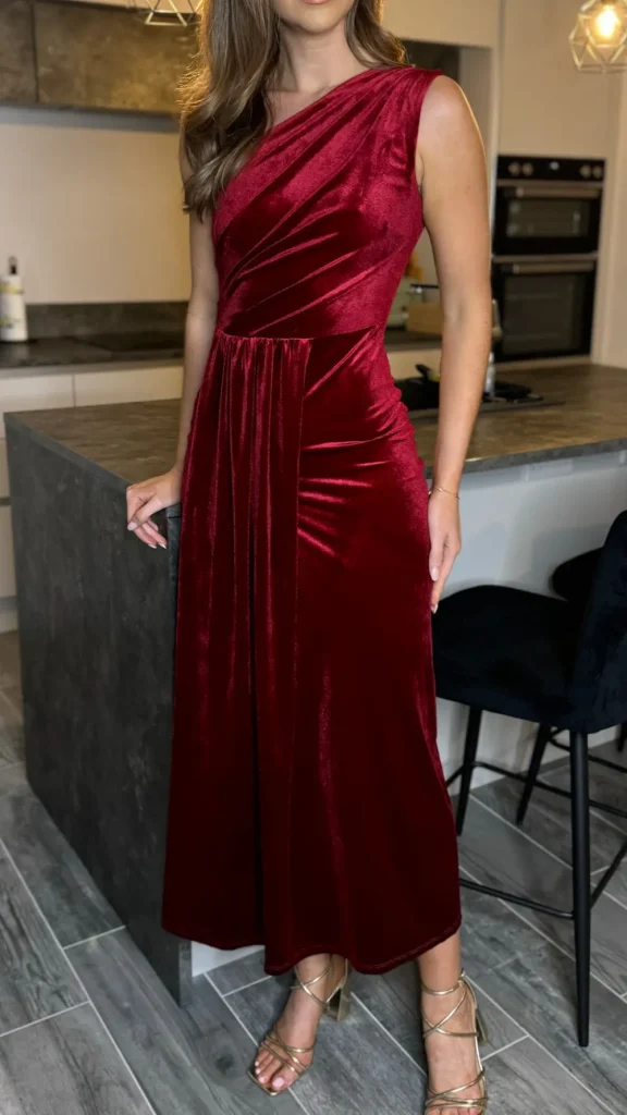 LORIANE Going Out Dresses | Occasion Dresses^Isabella Dark Red One Shoulder Velvet Finish Midi Dress