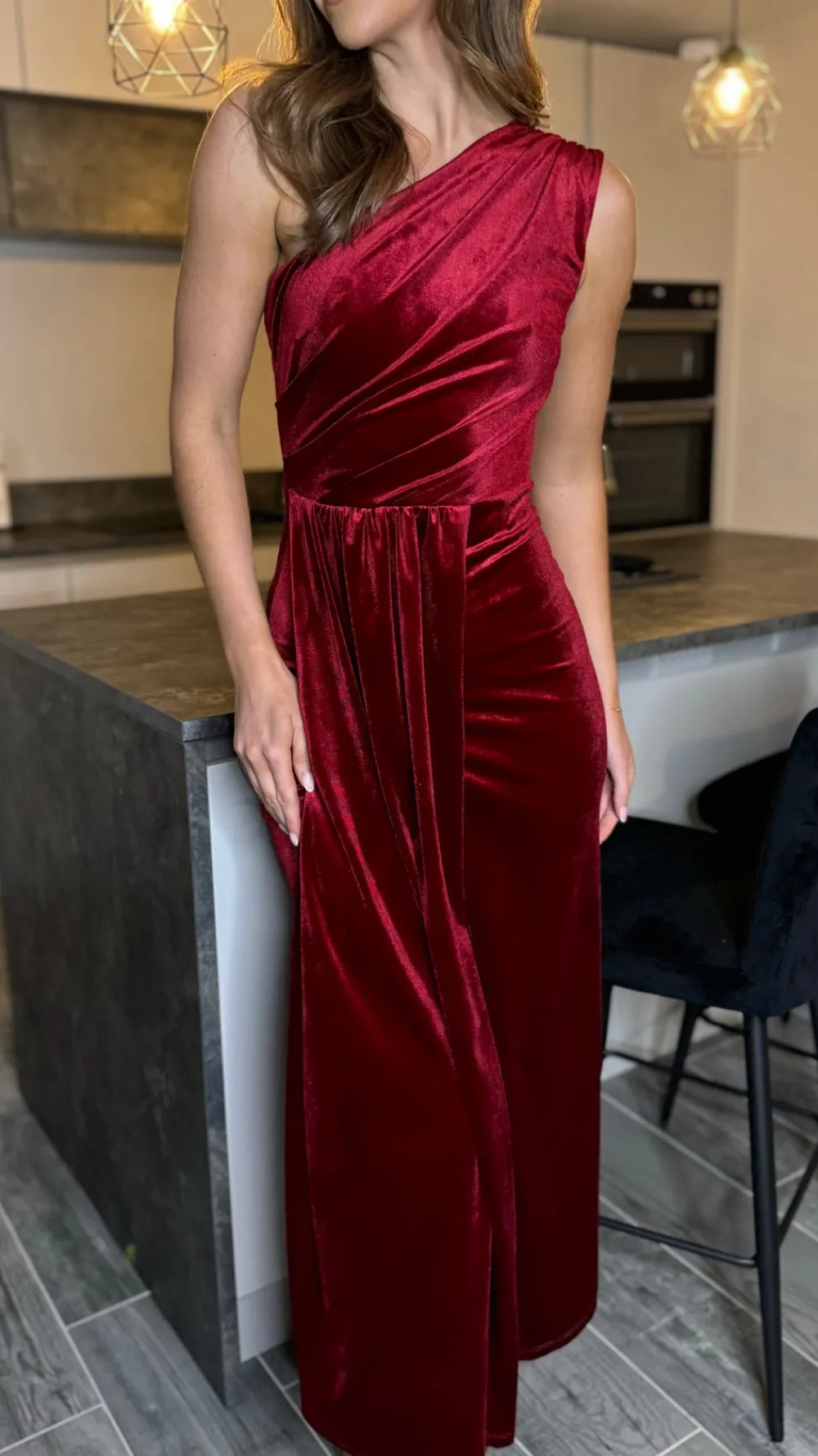 isabella_dark_red_one_sho_4.webp LORIANE Going Out Dresses | Occasion Dresses^Isabella Dark Red One Shoulder Velvet Finish Midi Dress