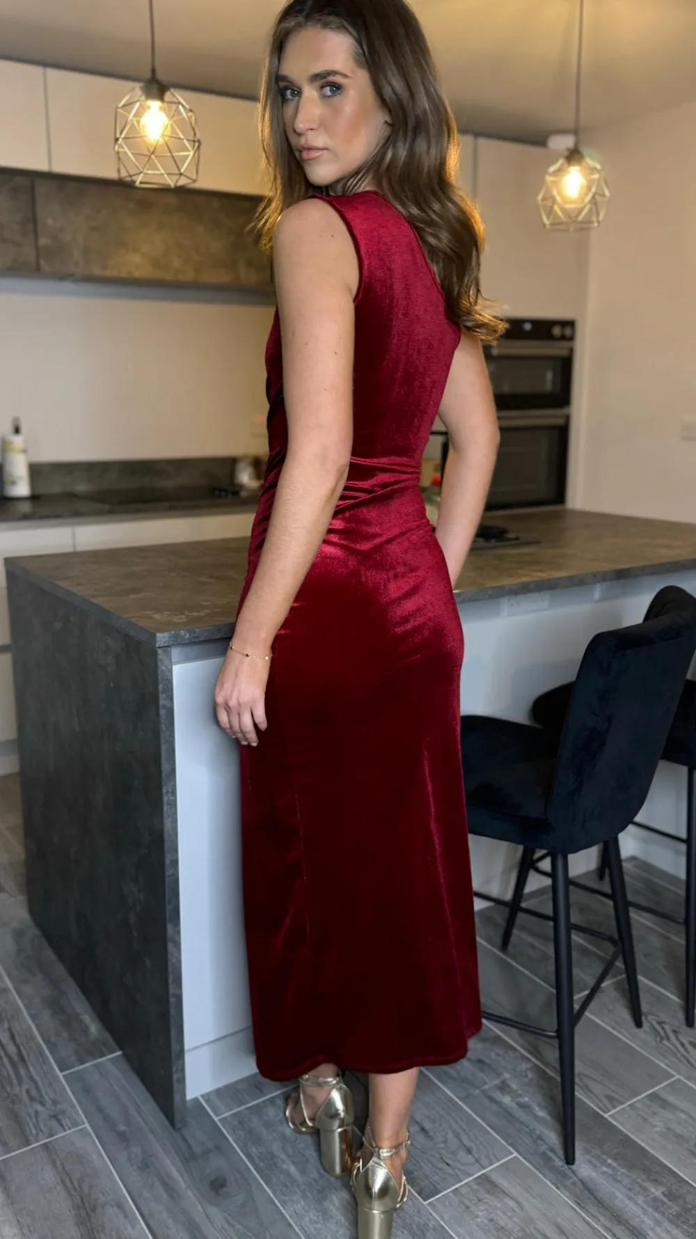 isabella_dark_red_one_sho_5.webp LORIANE Going Out Dresses | Occasion Dresses^Isabella Dark Red One Shoulder Velvet Finish Midi Dress