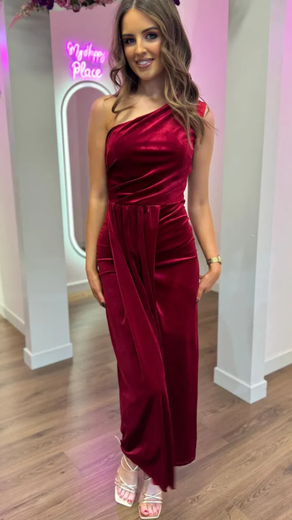 LORIANE Going Out Dresses | Occasion Dresses^Isabella Dark Red One Shoulder Velvet Finish Midi Dress