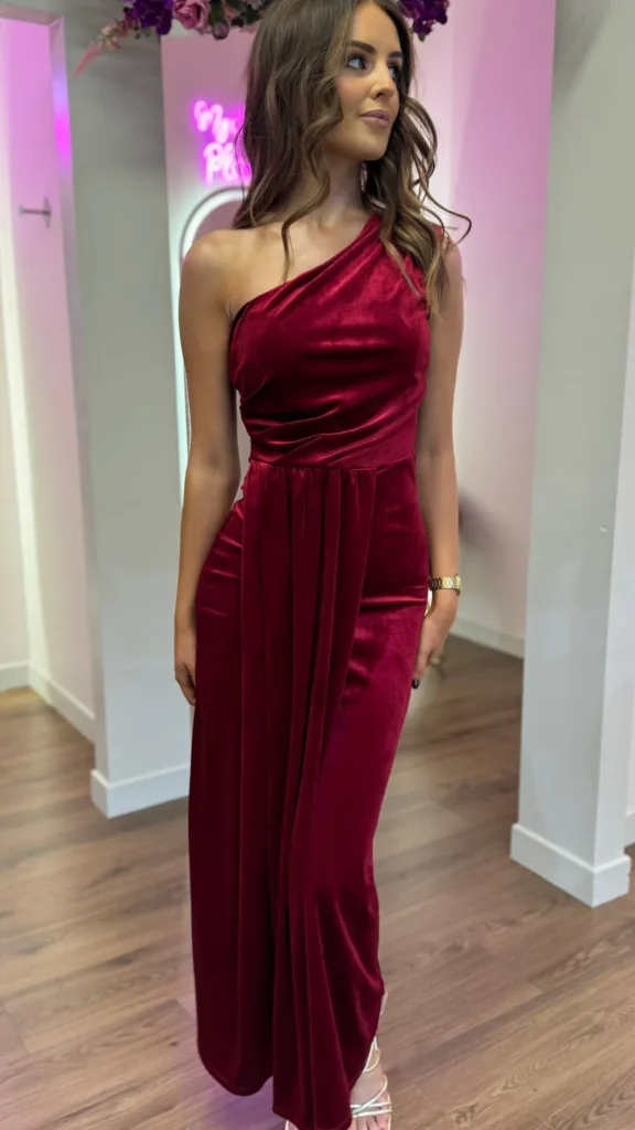 LORIANE Going Out Dresses | Occasion Dresses^Isabella Dark Red One Shoulder Velvet Finish Midi Dress