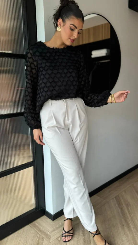 LUCCE Tops^Isabelle Black Textured Feather Detail Top