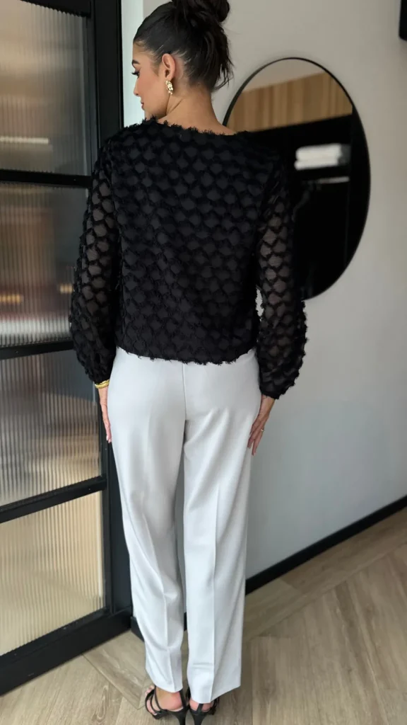 LUCCE Tops^Isabelle Black Textured Feather Detail Top