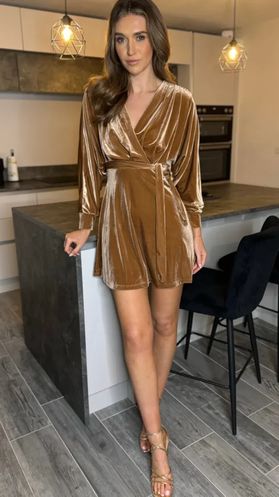 COPPEROSE Wrap Dresses | Going Out Dresses^Izzie Gold Velvet Wrap Look Mini Dress
