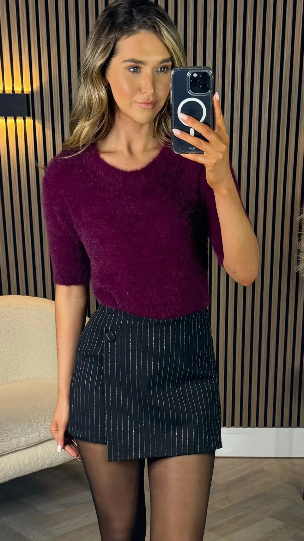jacie_black_pinstripe_wra_0.webp SEVEN SEPT Skirts & Shorts^Jacie Black Pinstripe Wrap Effect Skort