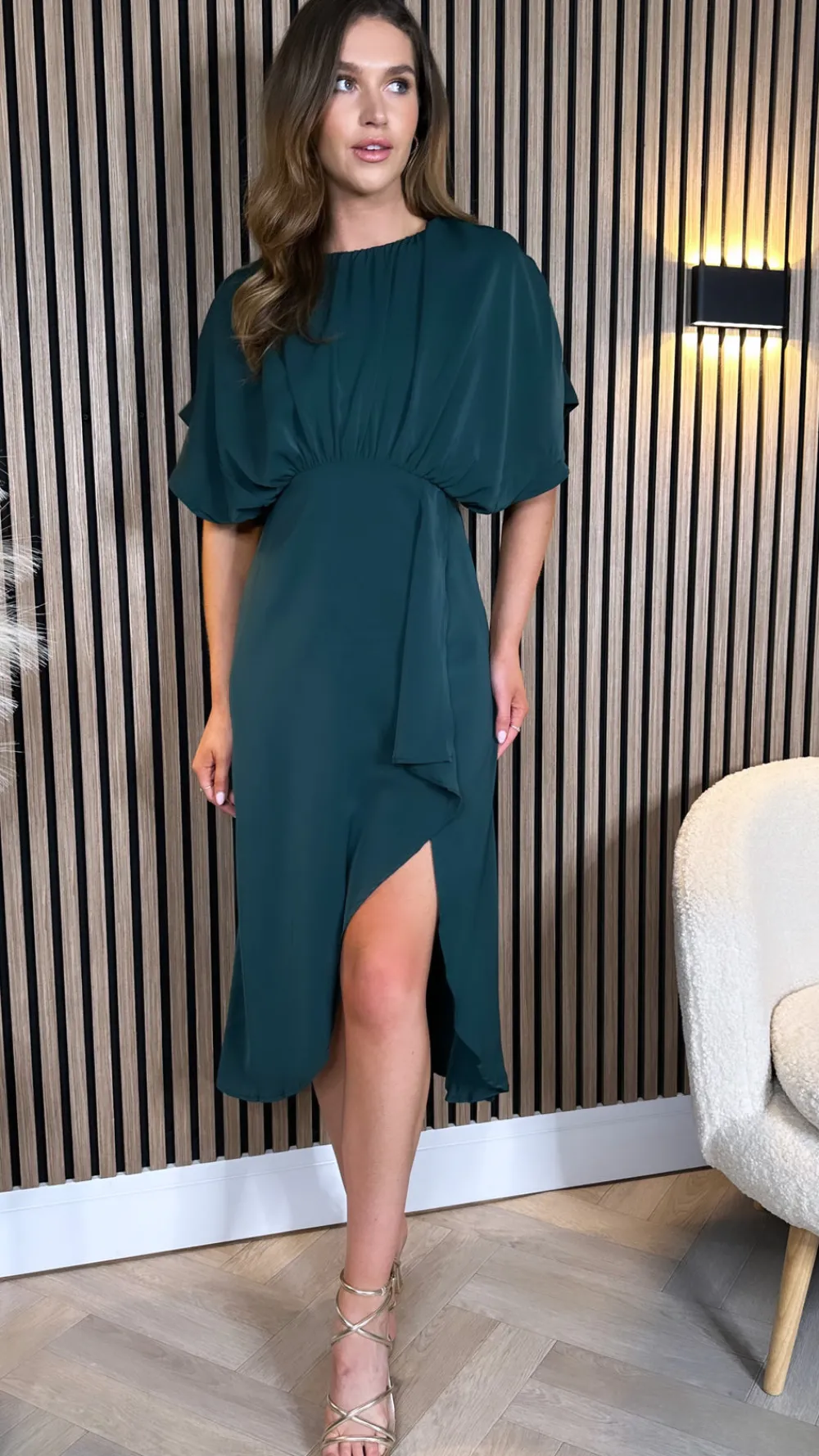 jaelynn_teal_batwing_gath_1.webp AX PARIS Occasion Dresses | Midi Dresses^Jaelynn Teal Batwing Gathered Top Midi Dress