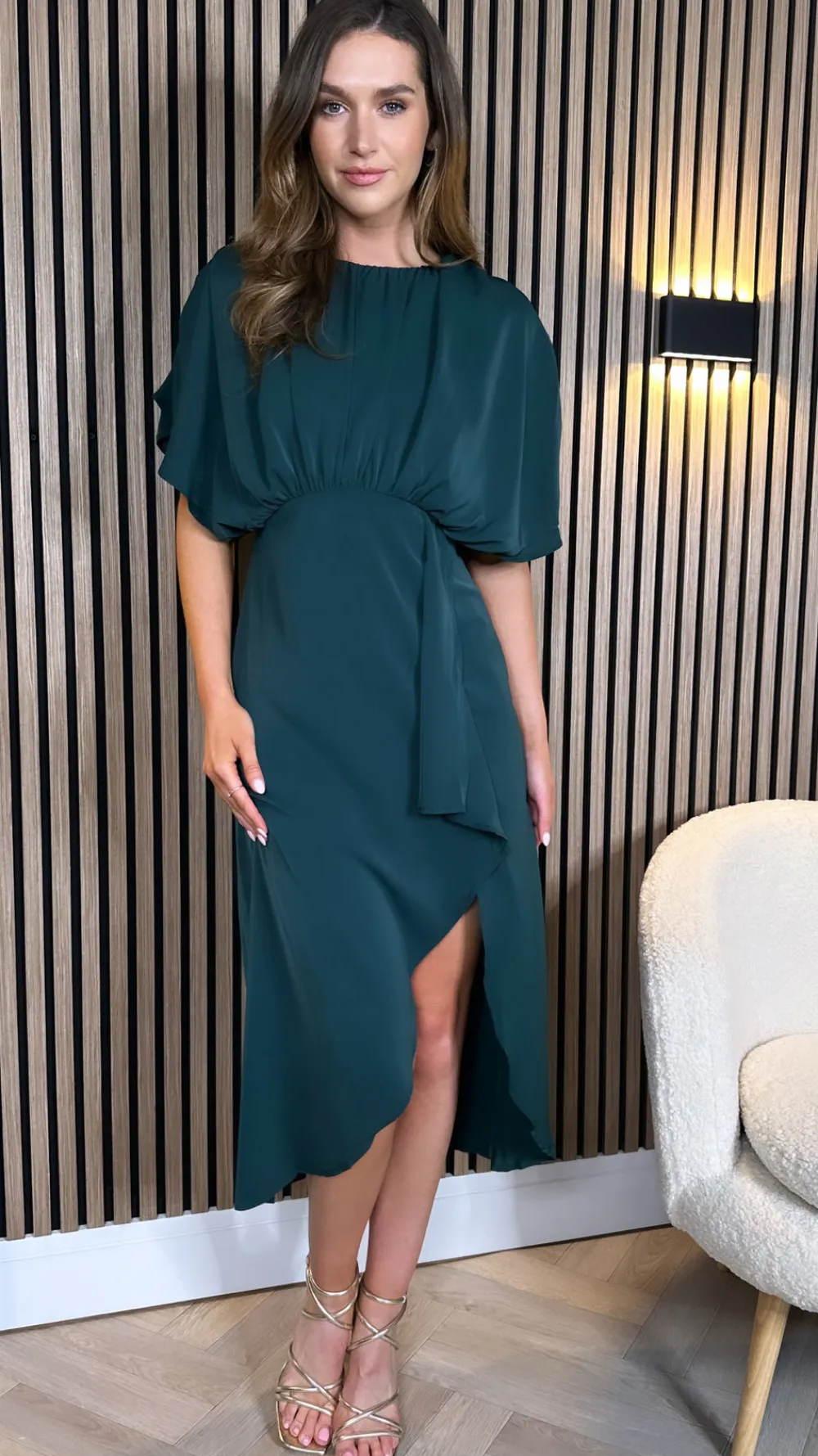 jaelynn_teal_batwing_gath_2.webp AX PARIS Occasion Dresses | Midi Dresses^Jaelynn Teal Batwing Gathered Top Midi Dress