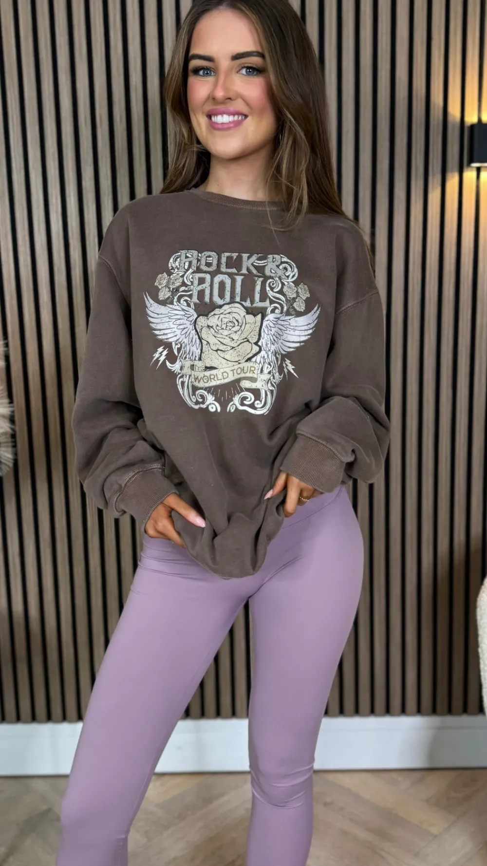 jaynie_chocolate_rock_amp_2.webp MISSI CLOTHING Knitwear | Hoodies + Sweatshirts^Jaynie Chocolate 'Rock & Roll' Printed Sweatshirt
