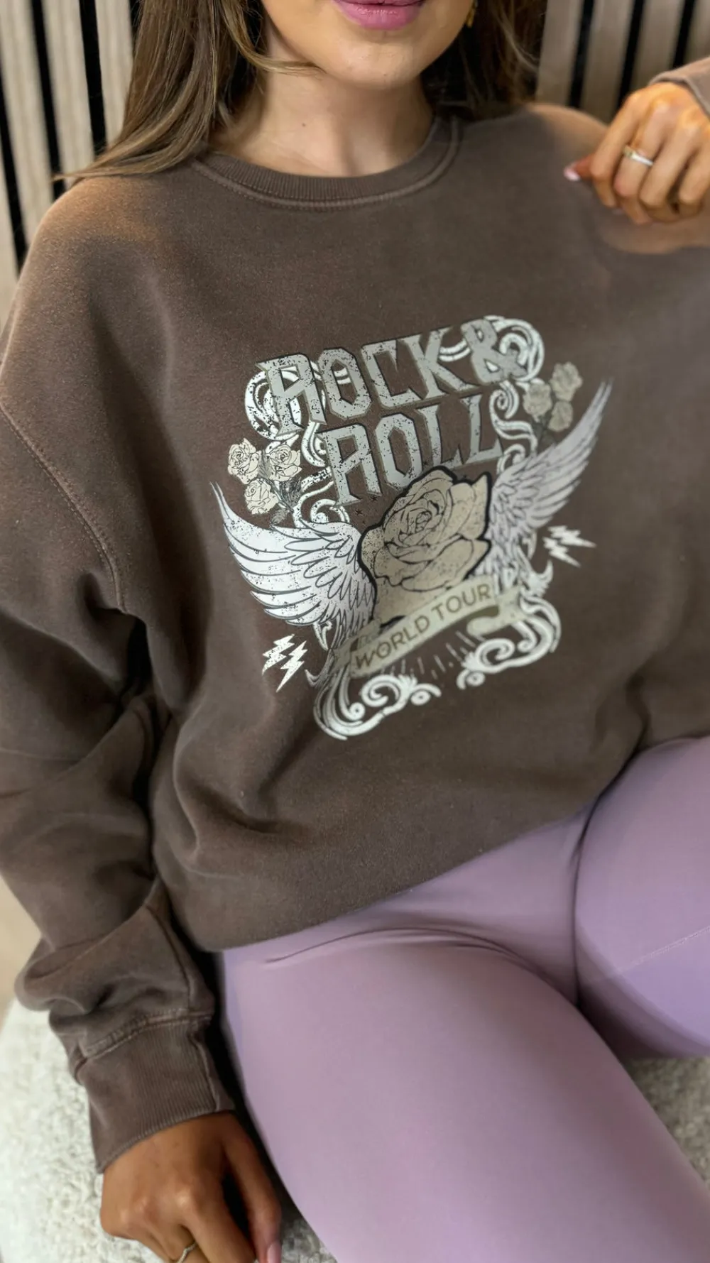 jaynie_chocolate_rock_amp_3.webp MISSI CLOTHING Knitwear | Hoodies + Sweatshirts^Jaynie Chocolate 'Rock & Roll' Printed Sweatshirt