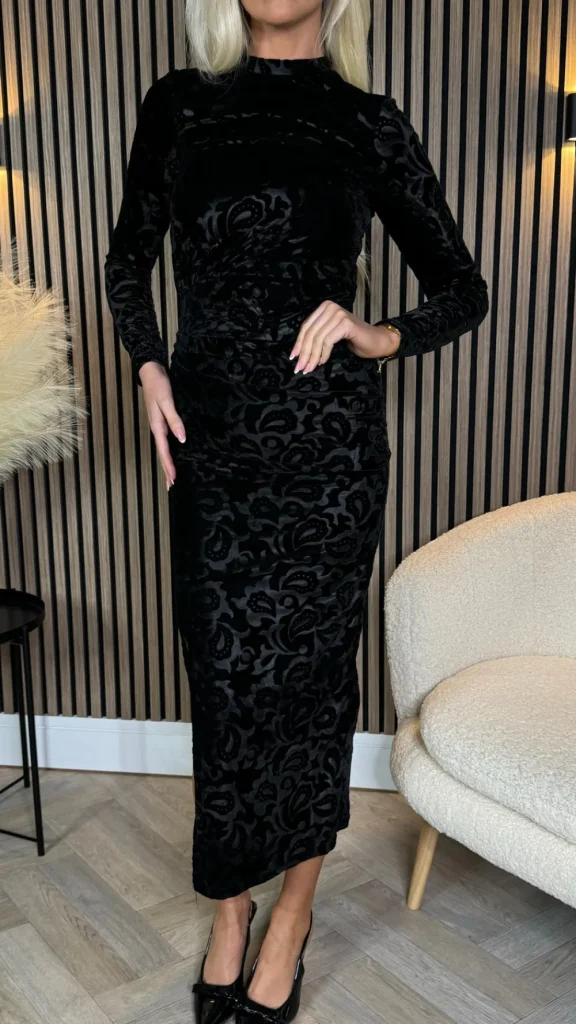 AX PARIS Going Out Dresses | Midi Dresses^Jemima Black Jacquard Velvet Long Sleeve Ruched Side Midi Dress