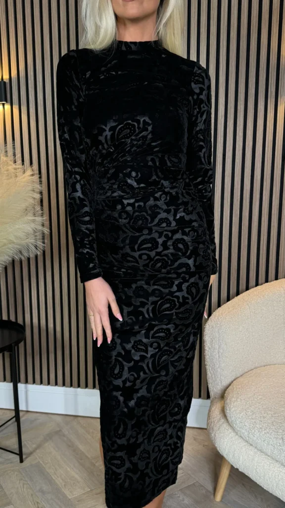AX PARIS Going Out Dresses | Midi Dresses^Jemima Black Jacquard Velvet Long Sleeve Ruched Side Midi Dress