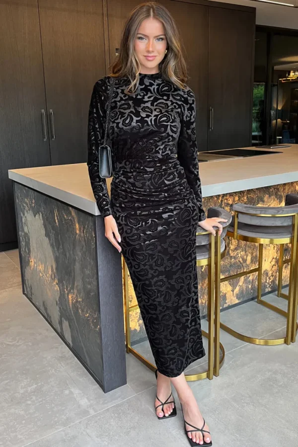 AX PARIS Going Out Dresses | Midi Dresses^Jemima Black Jacquard Velvet Long Sleeve Ruched Side Midi Dress
