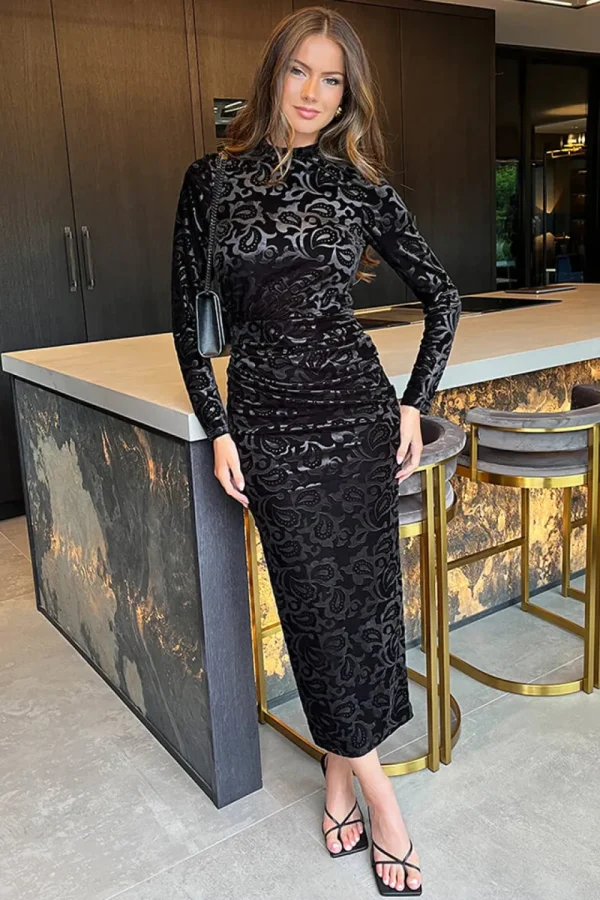 AX PARIS Going Out Dresses | Midi Dresses^Jemima Black Jacquard Velvet Long Sleeve Ruched Side Midi Dress
