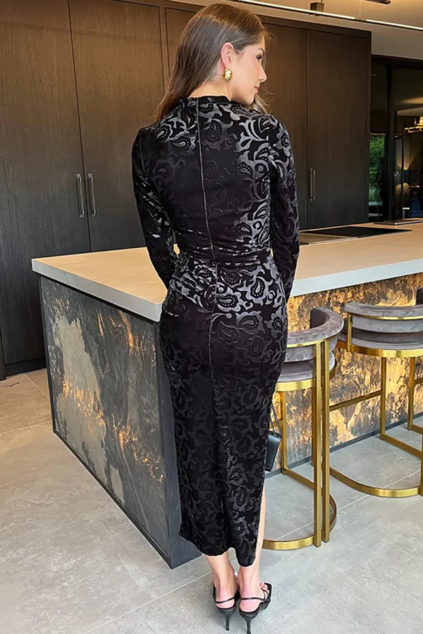 AX PARIS Going Out Dresses | Midi Dresses^Jemima Black Jacquard Velvet Long Sleeve Ruched Side Midi Dress