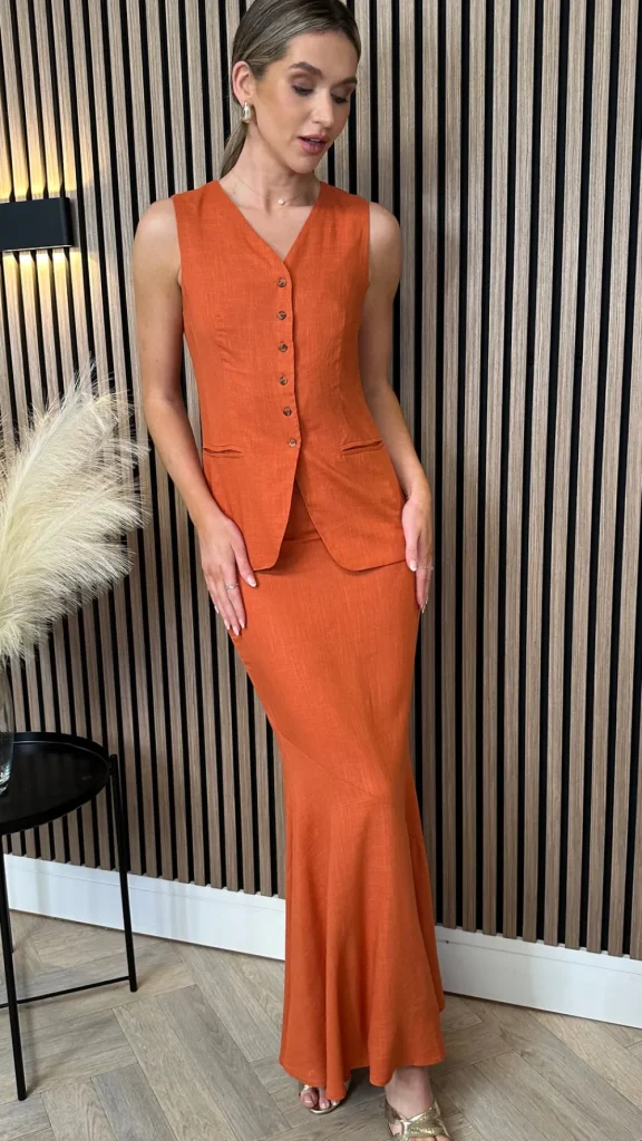 ELENZA Co-ords | Occasion Dresses^Joey Rust Waistcoat & Midi Skirt Co Ord