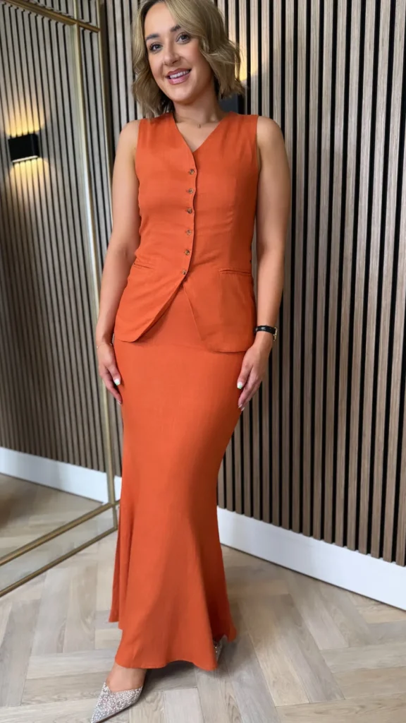 ELENZA Co-ords | Occasion Dresses^Joey Rust Waistcoat & Midi Skirt Co Ord