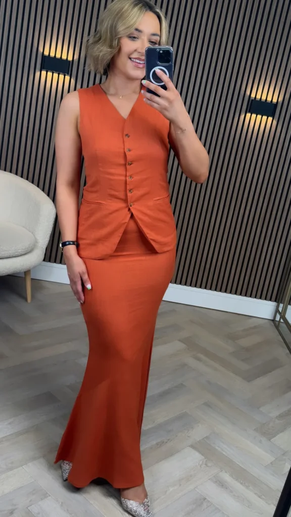 ELENZA Co-ords | Occasion Dresses^Joey Rust Waistcoat & Midi Skirt Co Ord