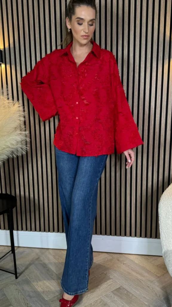 ELINA STUDIO Tops^Jovie Red Textured Oversized Shirt