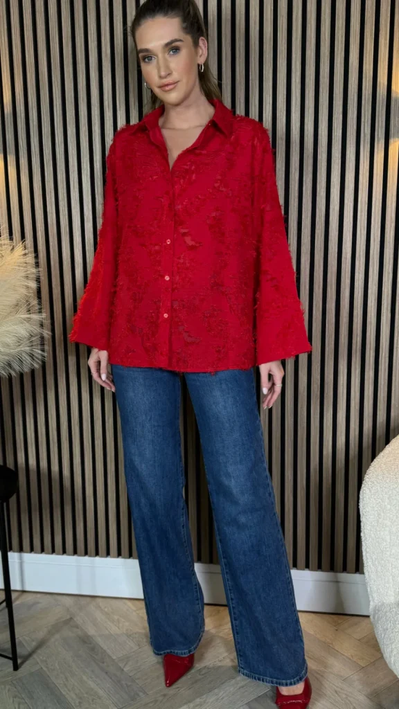 ELINA STUDIO Tops^Jovie Red Textured Oversized Shirt