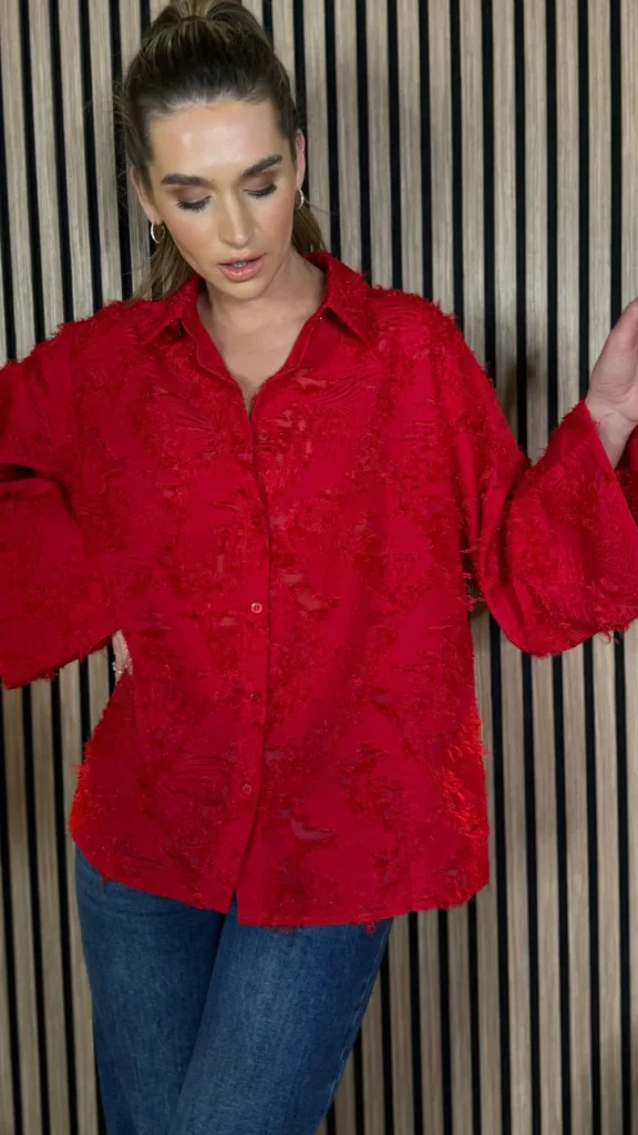 ELINA STUDIO Tops^Jovie Red Textured Oversized Shirt