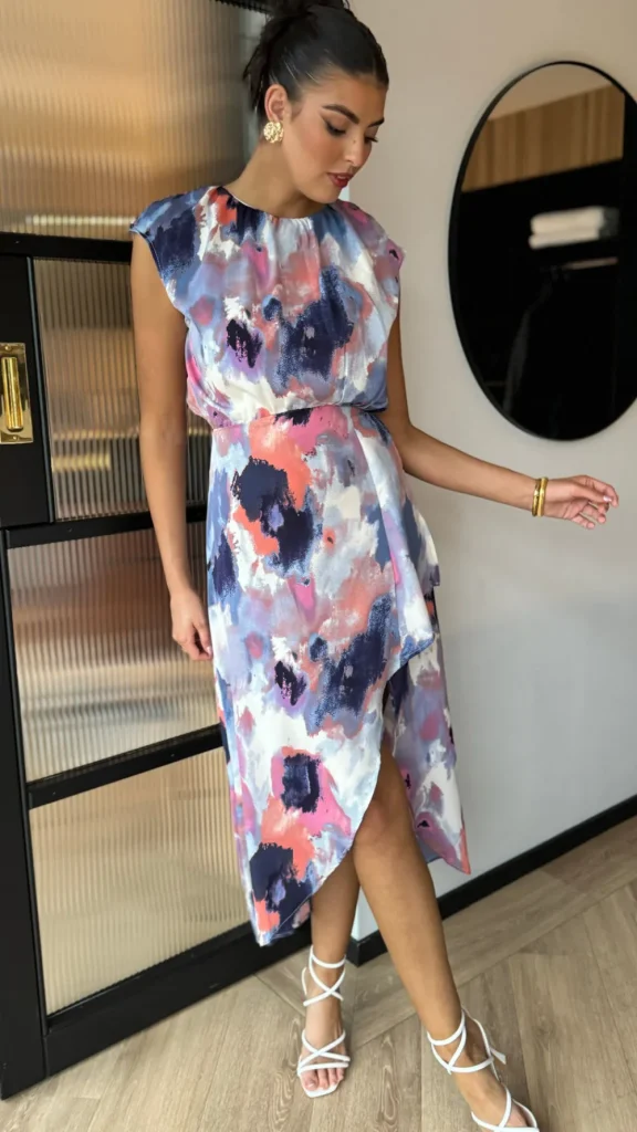 AX PARIS Going Out Dresses | Occasion Dresses^Julia Blue Multi Smudge Print Dipped Hem Midi Dress