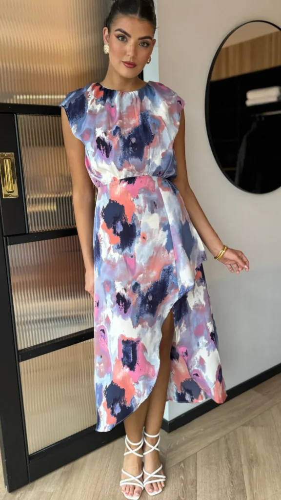 AX PARIS Going Out Dresses | Occasion Dresses^Julia Blue Multi Smudge Print Dipped Hem Midi Dress
