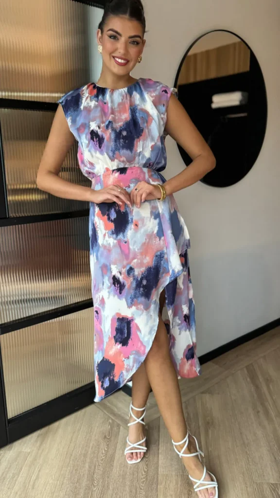 AX PARIS Going Out Dresses | Occasion Dresses^Julia Blue Multi Smudge Print Dipped Hem Midi Dress