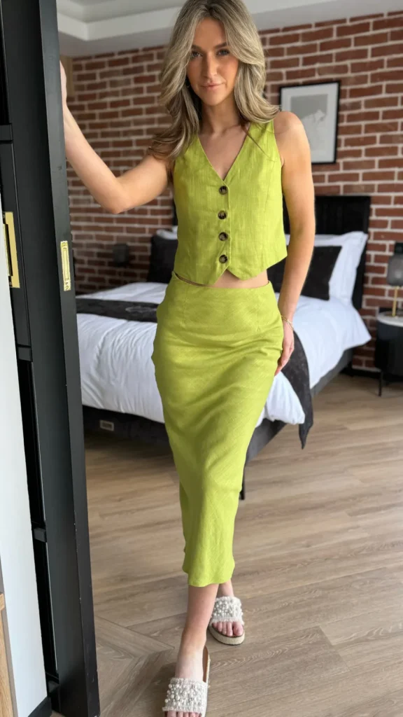 ELENZA Co-ords^Julia Olive Green Waistcoat & Midi Skirt Co Ord