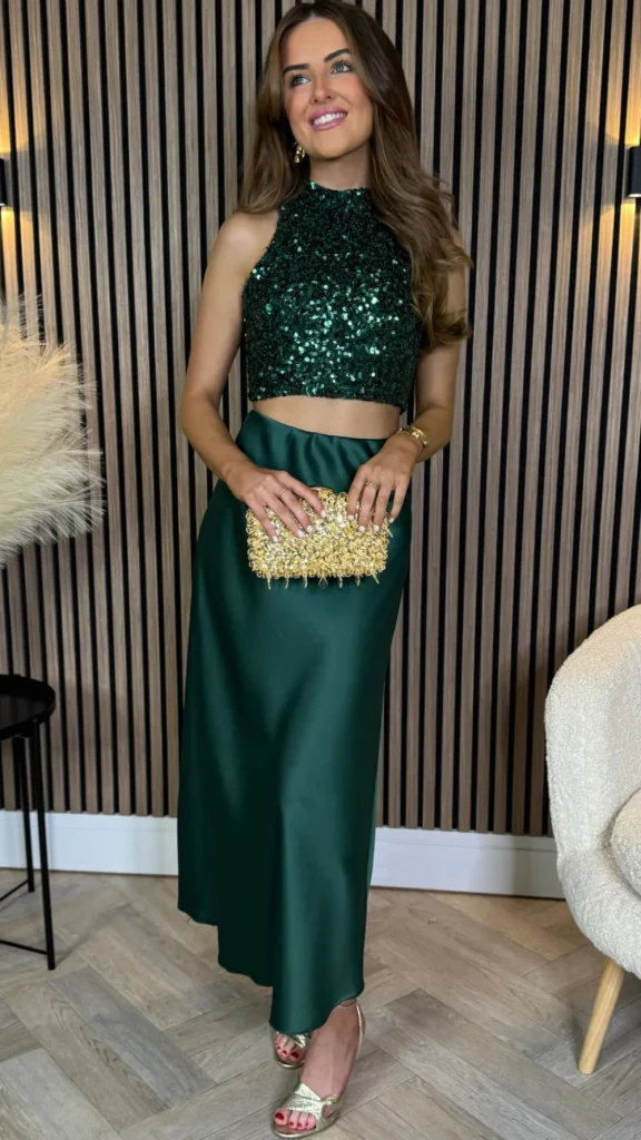VERA LUCY Tops^Kara Forest Green Backless Halterneck Sequin Crop Top
