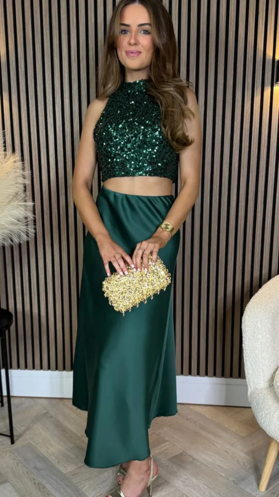 VERA LUCY Tops^Kara Forest Green Backless Halterneck Sequin Crop Top